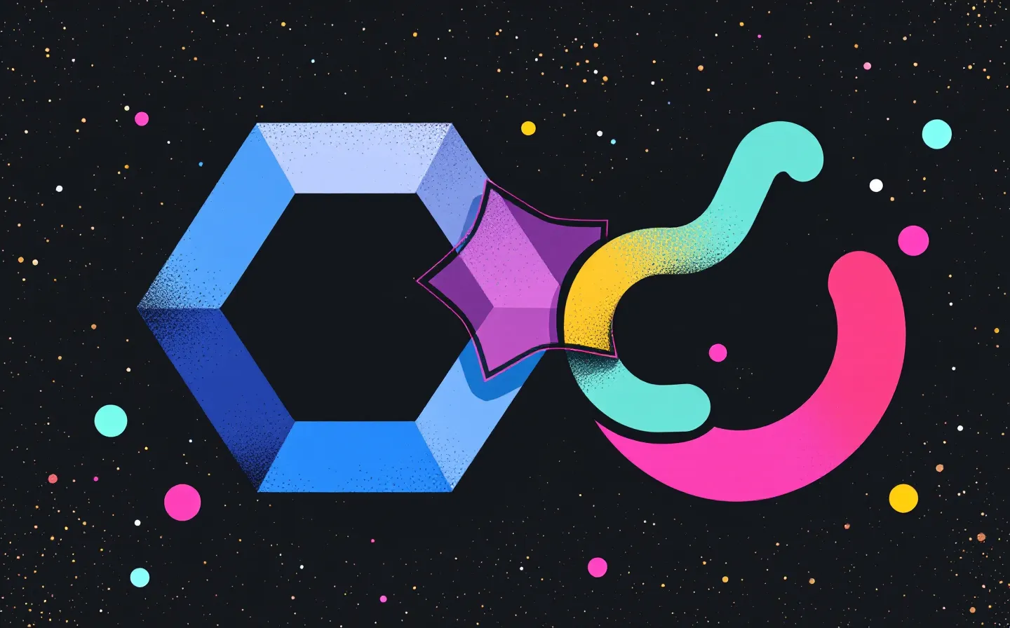 A flat Memphis pop illustration of two geometric ring-forms joined by a mint zigzag bridge inside a gold redox-cycle arrow-loop, with scattered confetti shapes, on a deep cool slate ground